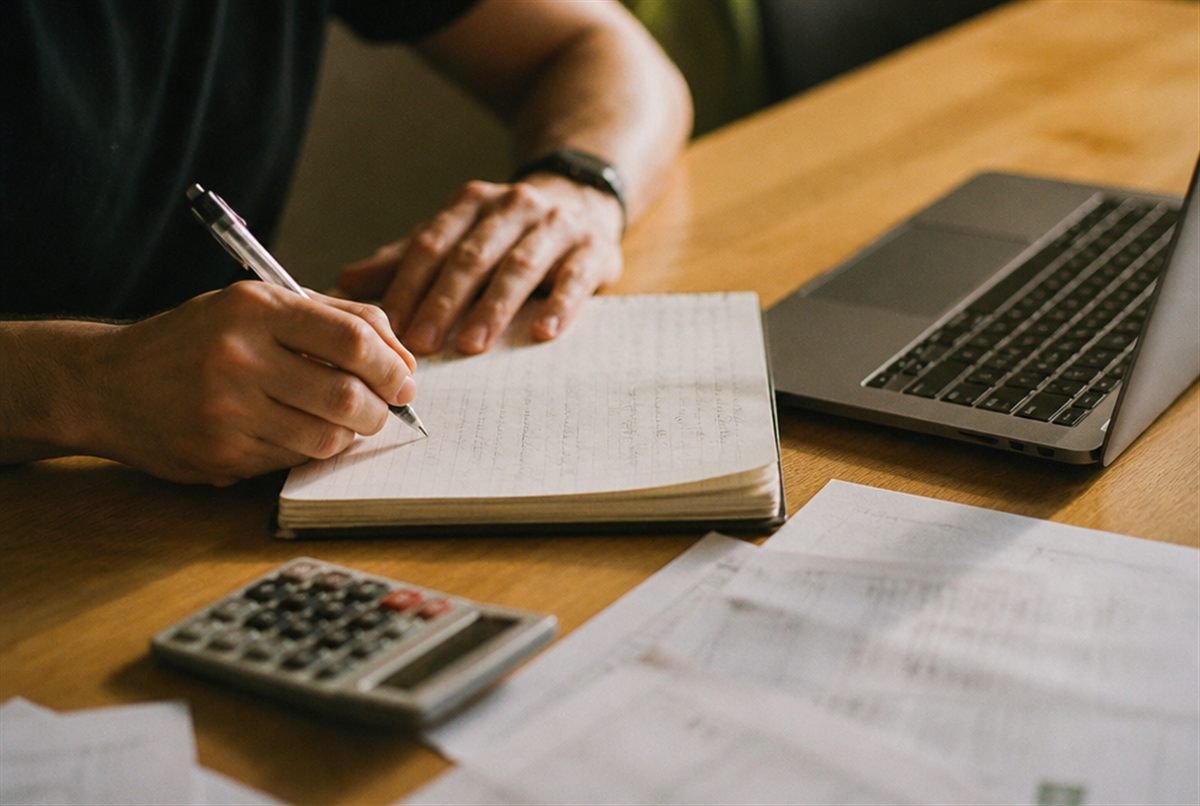 A person at a desk writing in a notebook beside a laptop, a calculator and papers