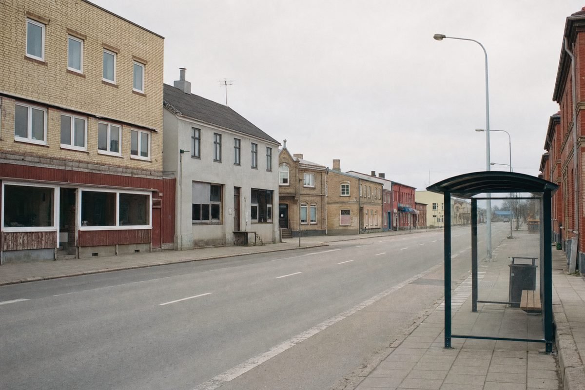 A quiet small-town centre with low brick buildings