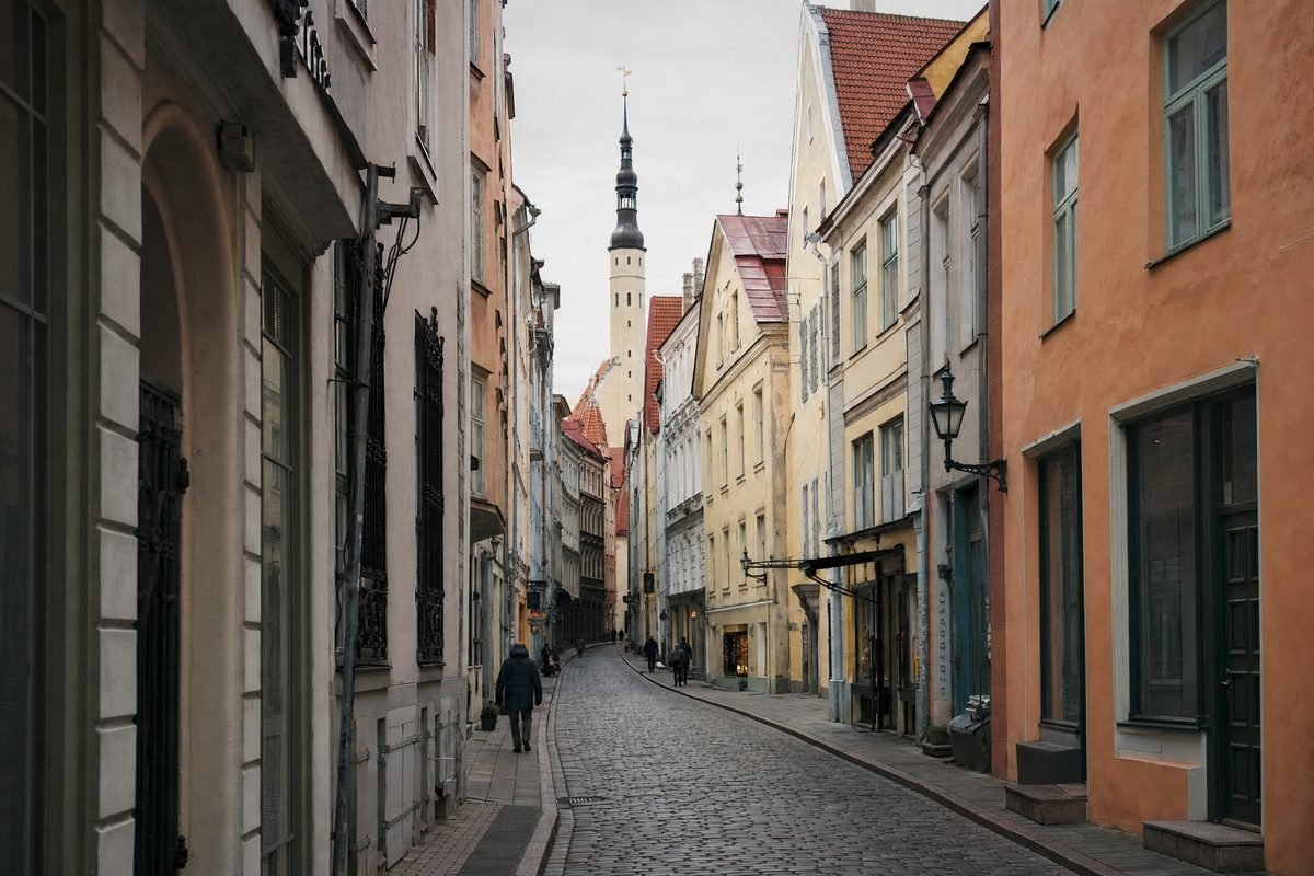 An old-town street of pastel facades with small shopfronts