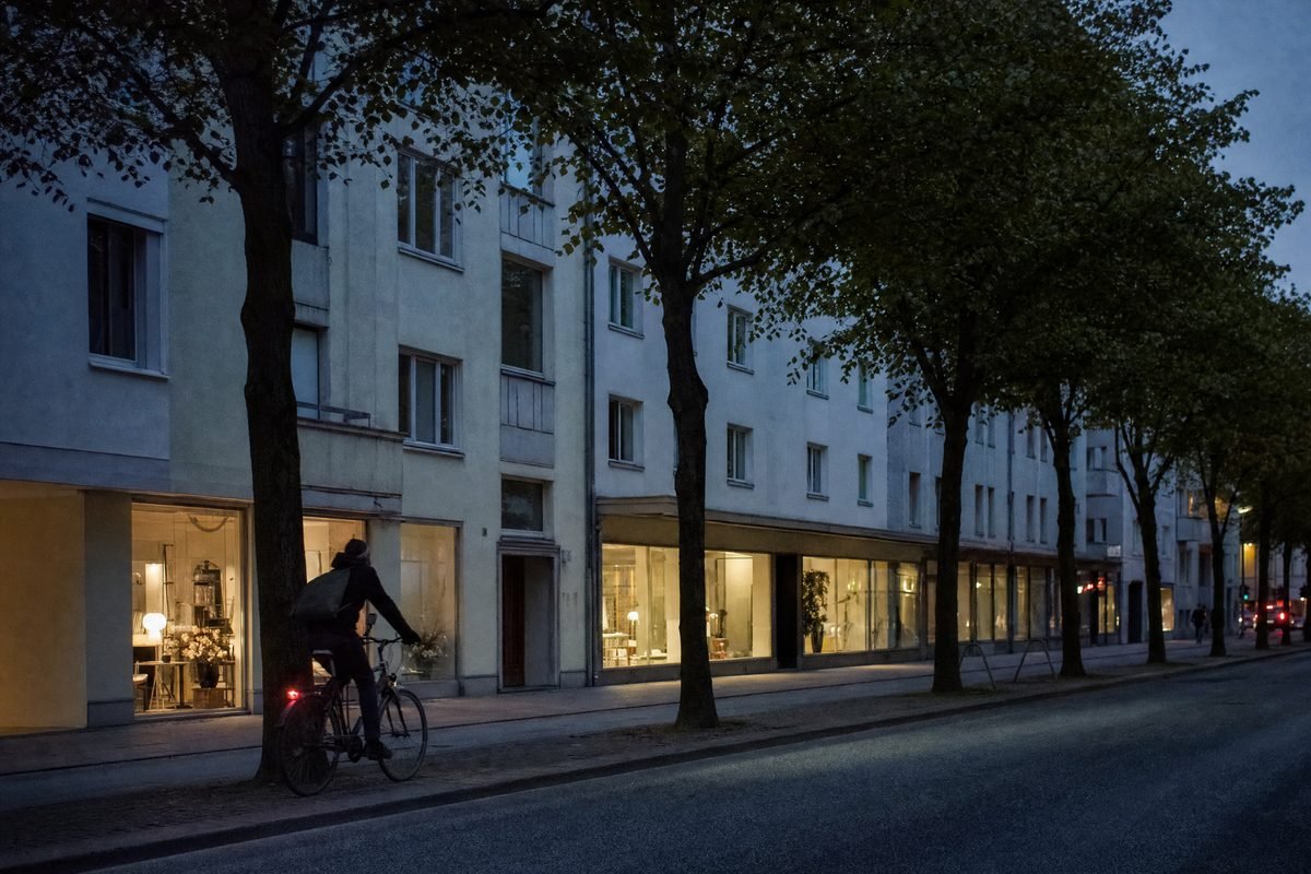 A boulevard at dusk with lit shopfront windows