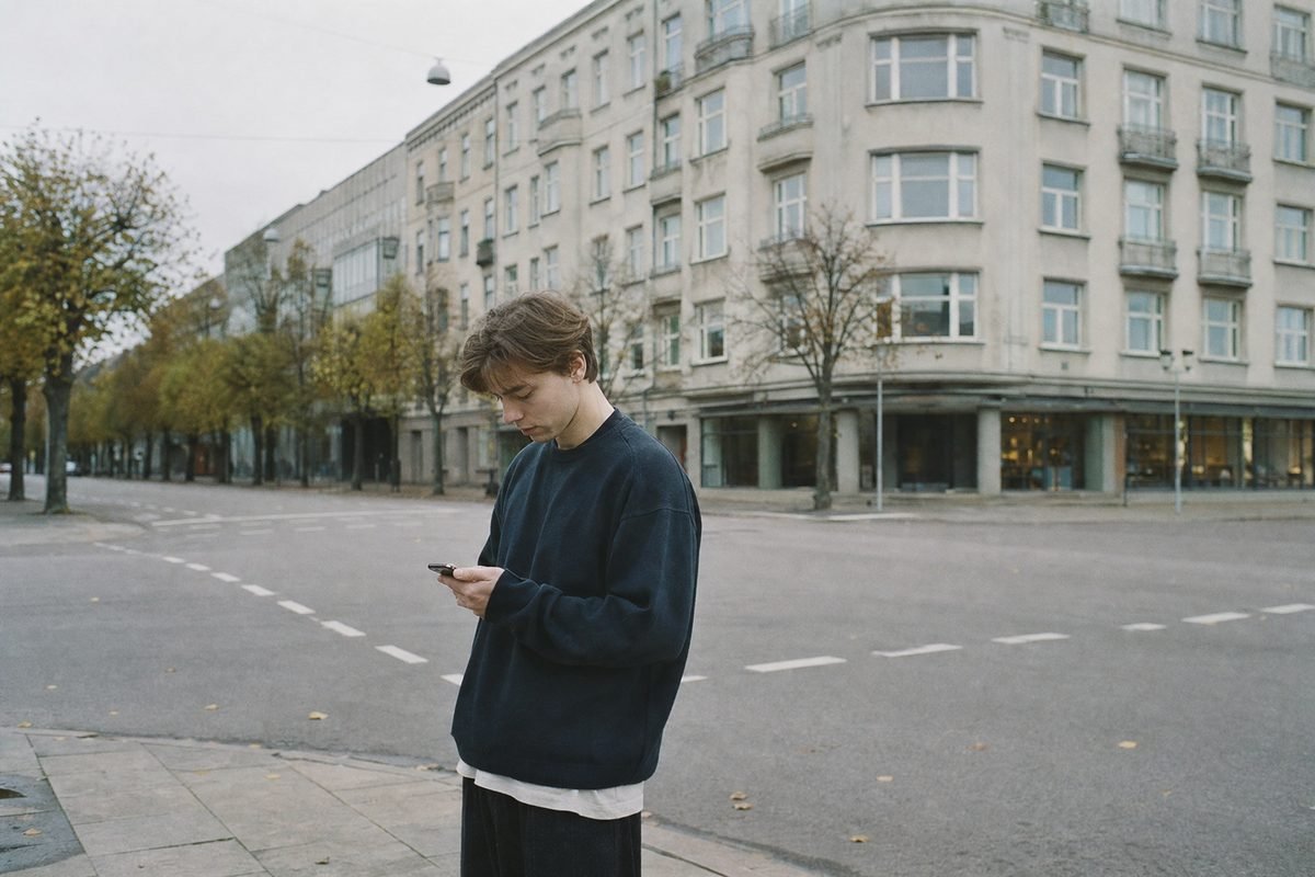 A person at a boulevard corner looking at a phone