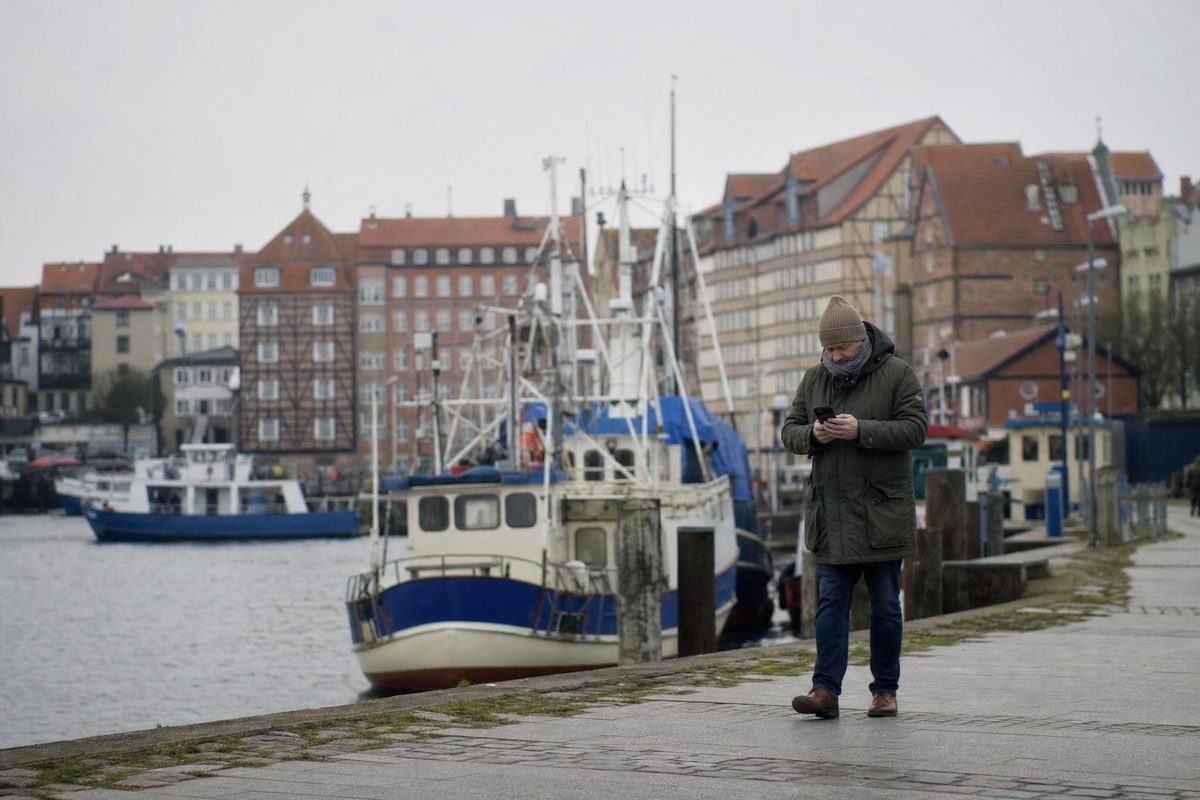 A person on a harbour promenade looking at a phone