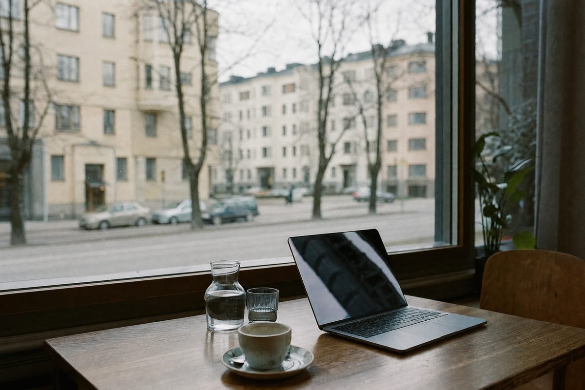 A laptop on a cafe table by a window onto the boulevard