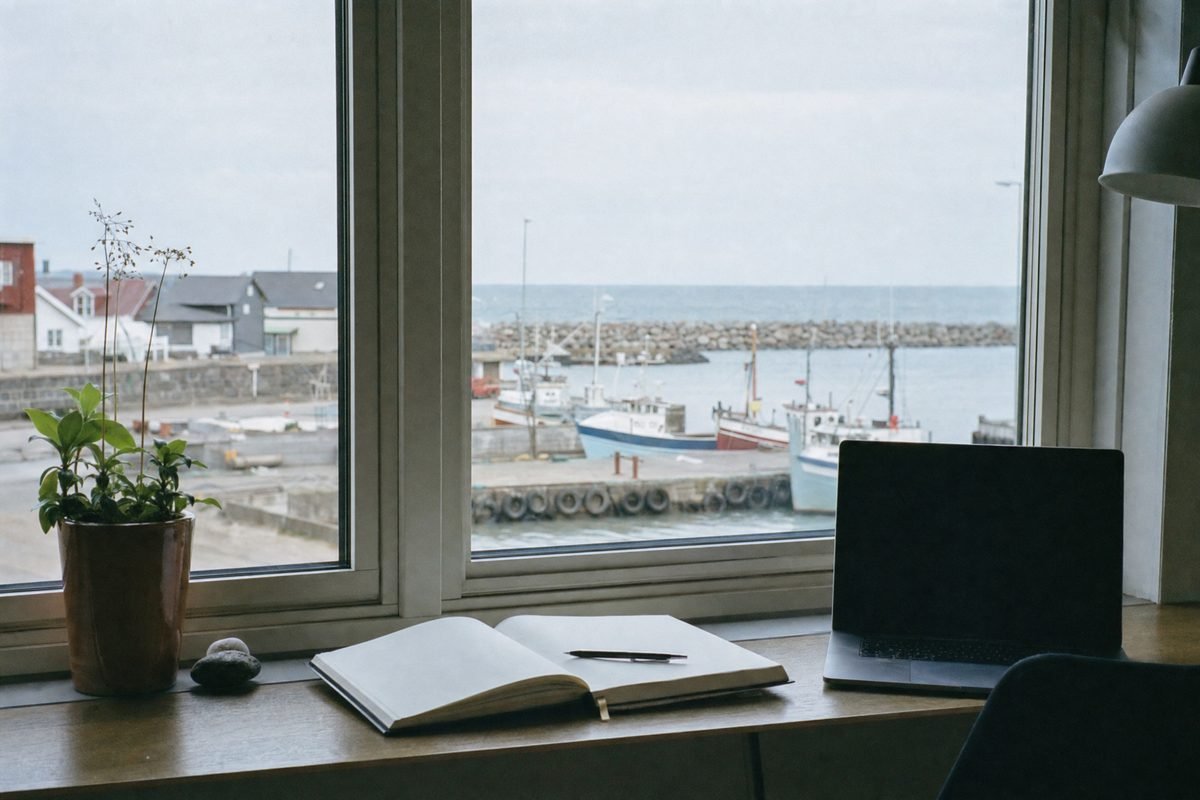 A workspace by a window looking out over the harbour quay