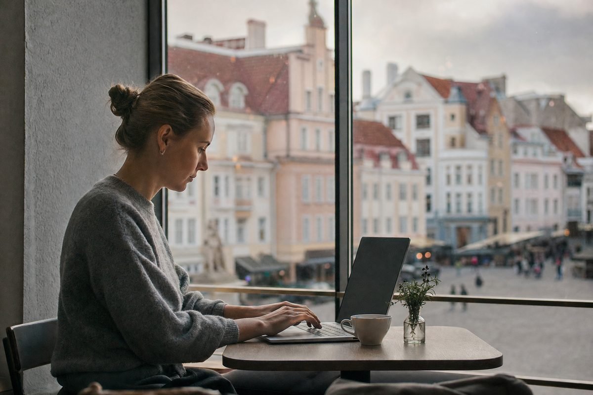 A designer working by a window overlooking an old-town street