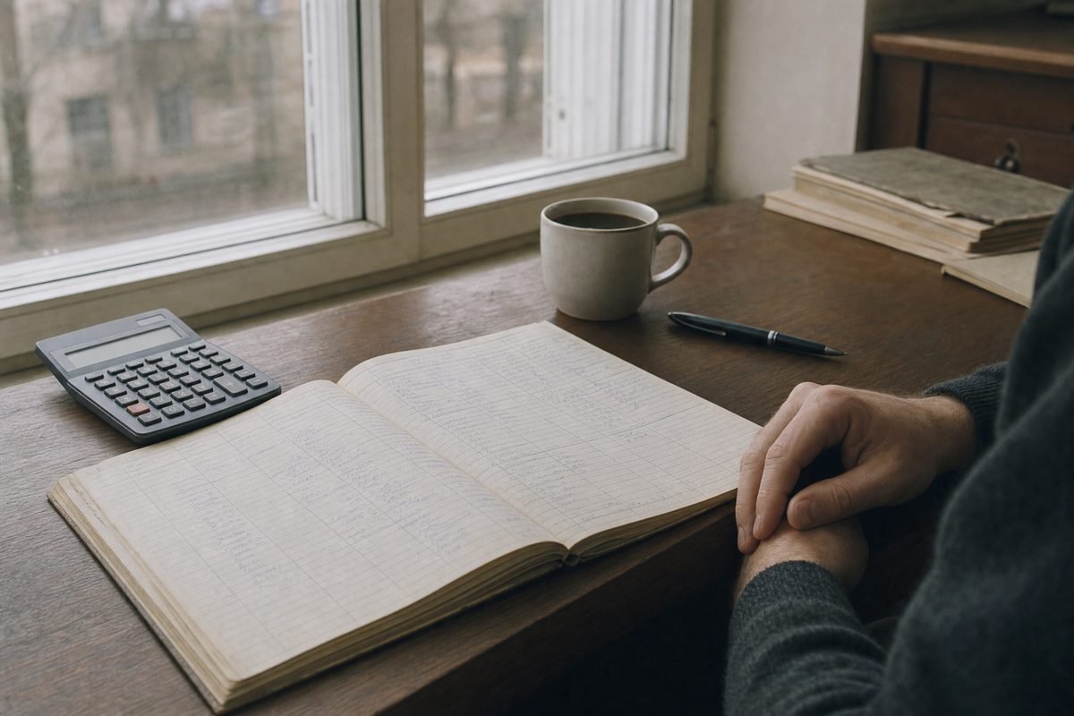 A calculator and a handwritten ledger on a desk