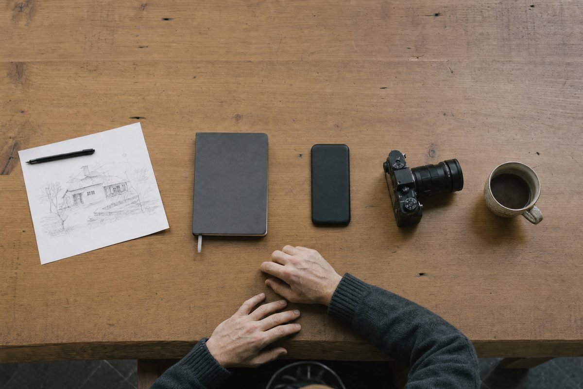 A worktable from above with a sketch, notebook, phone and camera