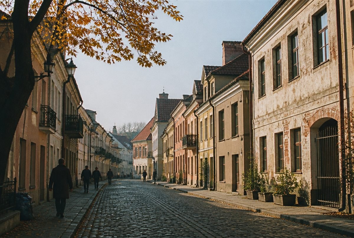 Kaunas old town with red brick buildings and narrow streets — the home city of the Paka Media team