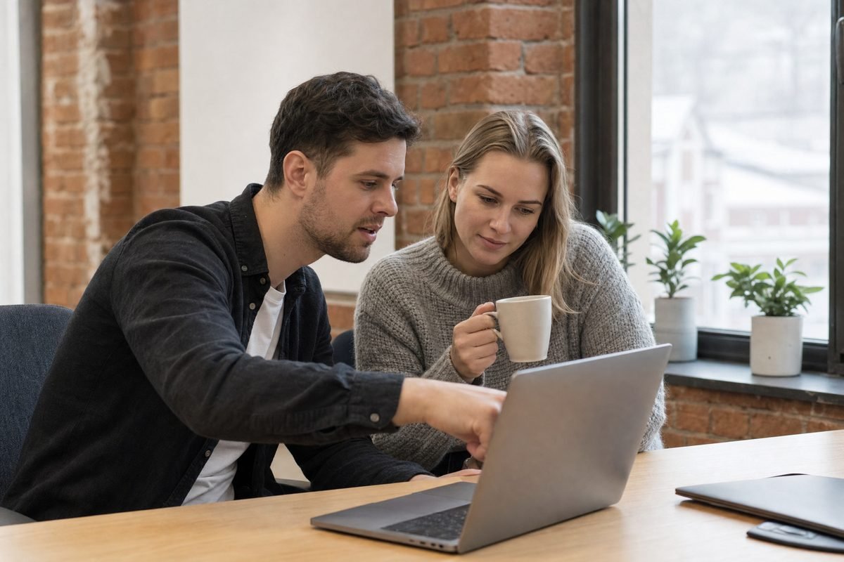 Two people in a small office looking at a laptop together