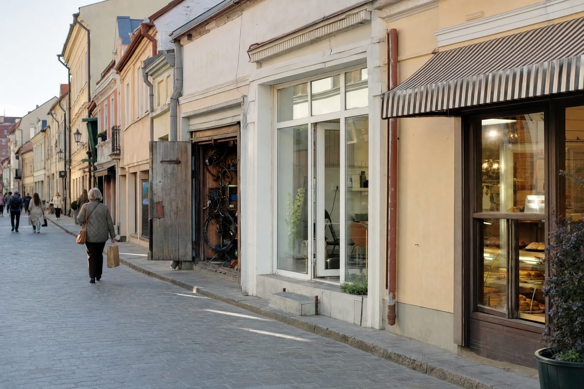Old-town street lined with small independent shops, a salon and a bicycle workshop