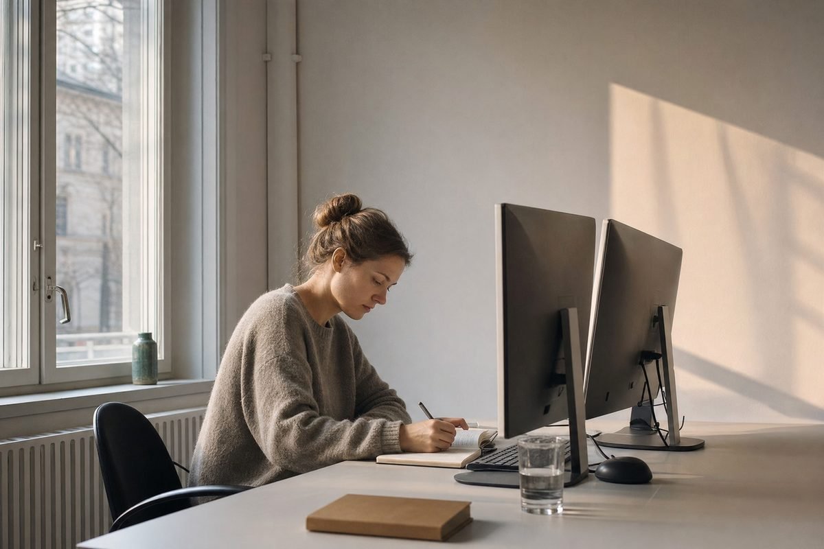 A person taking notes in a notebook at a desk beside two monitors