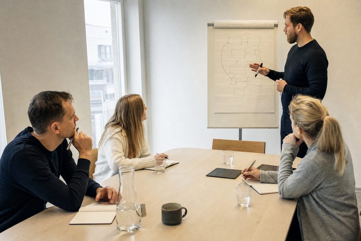 Four people at a table, one explaining a hand-drawn diagram on a flipchart