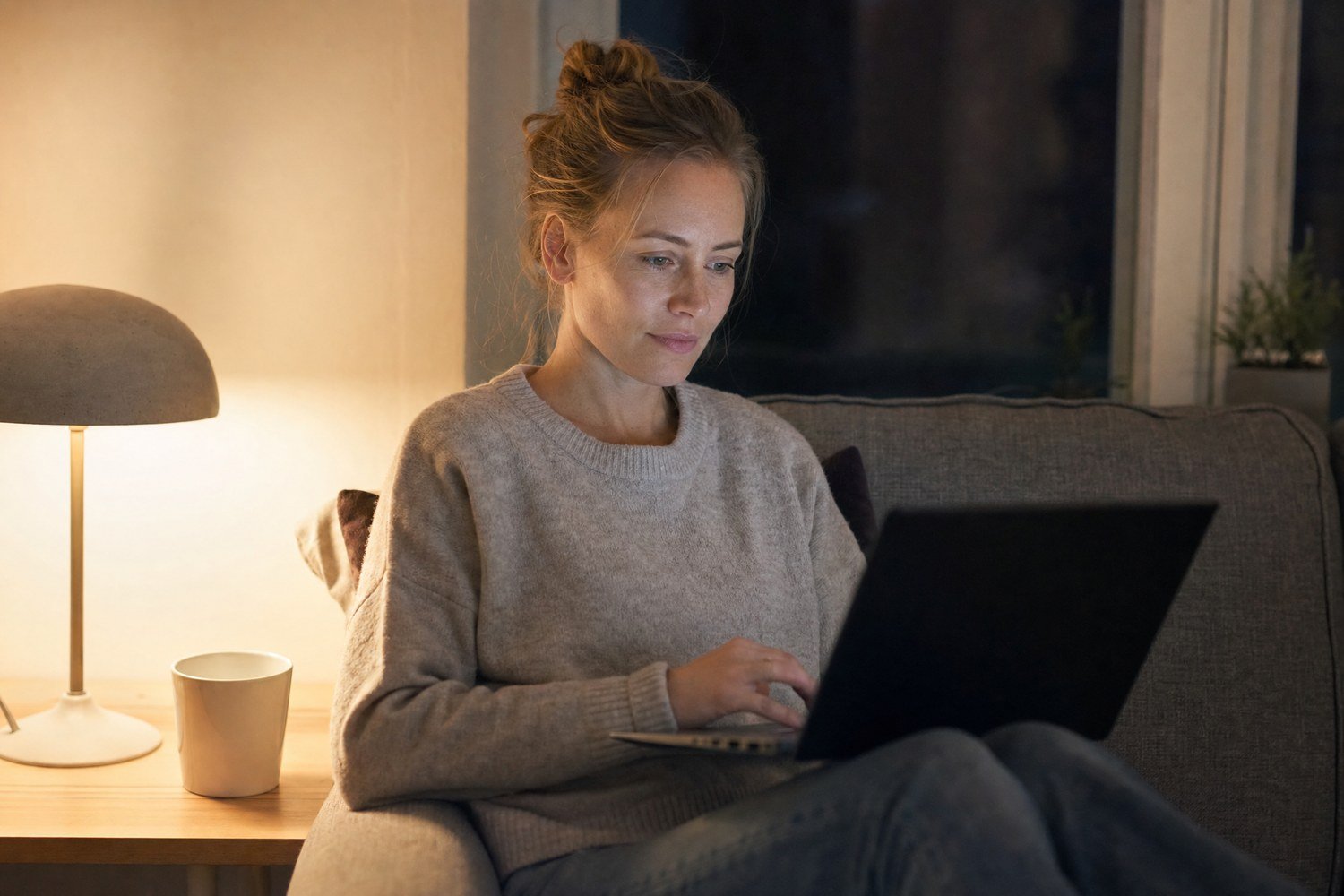 A person browsing on a laptop at home in the evening beside a lamp