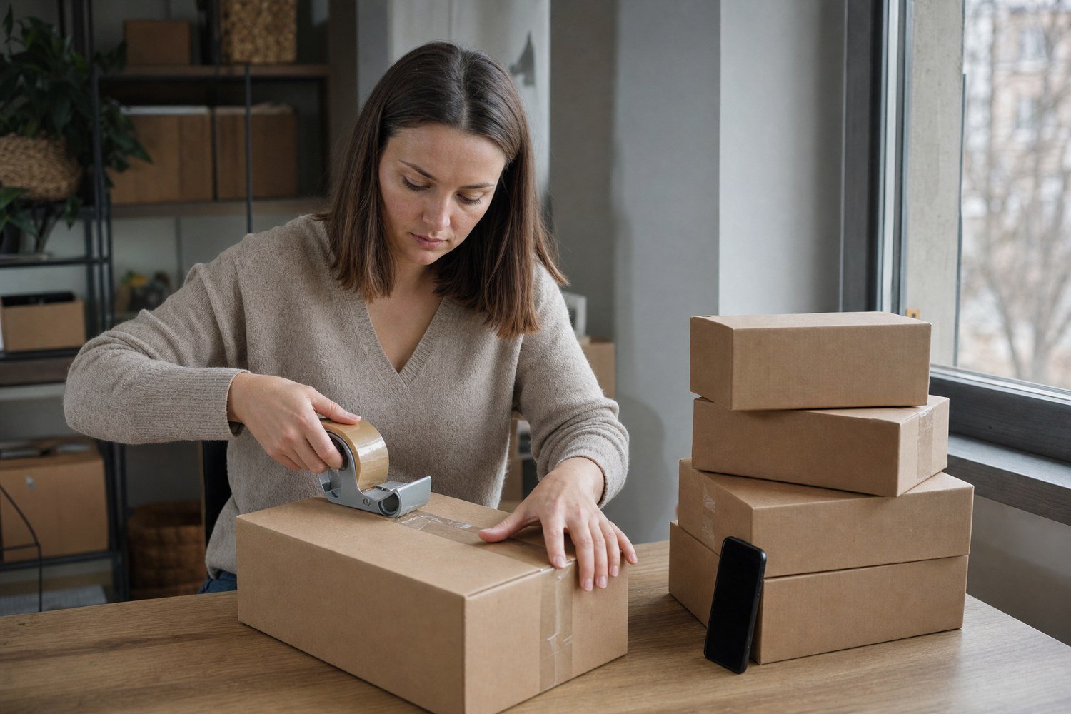 A small business workspace: a parcel being taped shut beside a stack of packed parcels