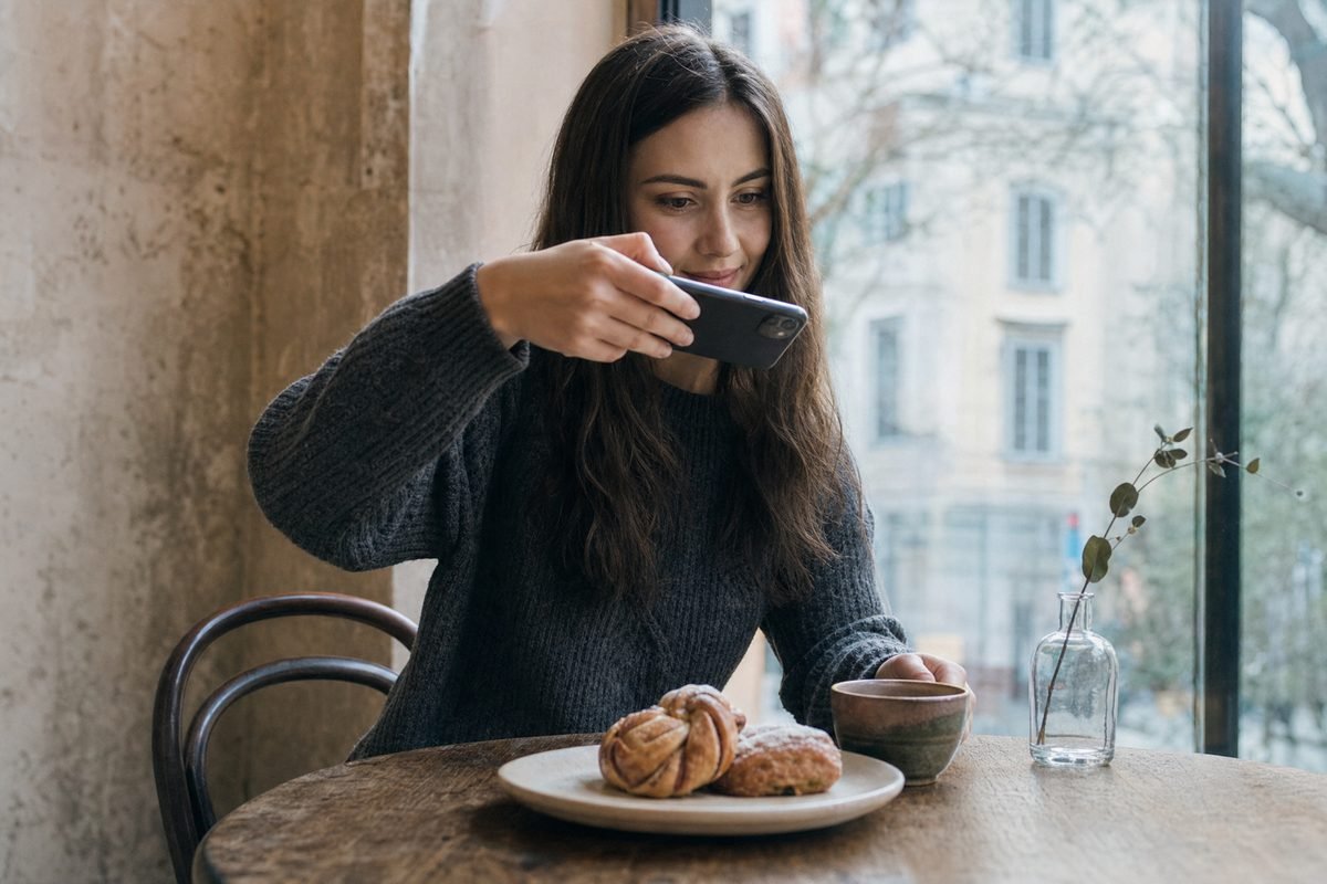 A woman in a cafe photographing a plate of pastries with her phone