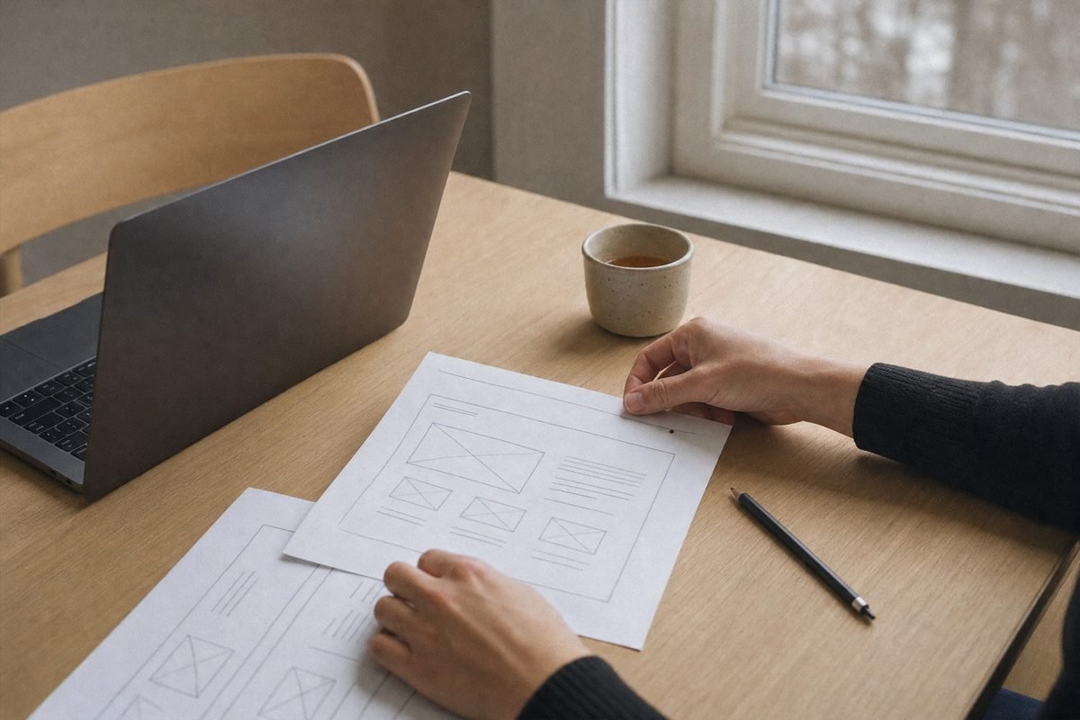 A paper wireframe sketch of a web layout beside an open laptop